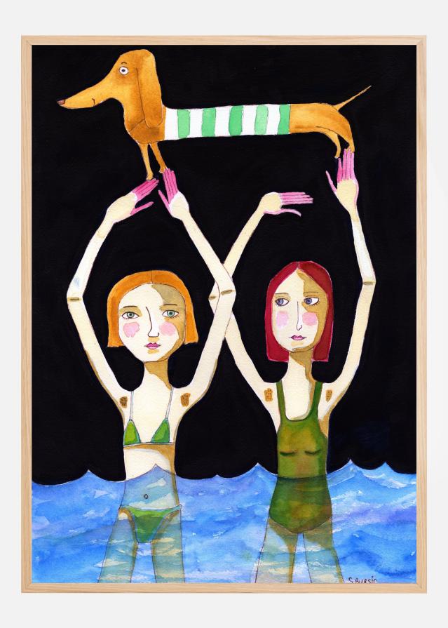 Swimming Girls with Sausage Dog Poster