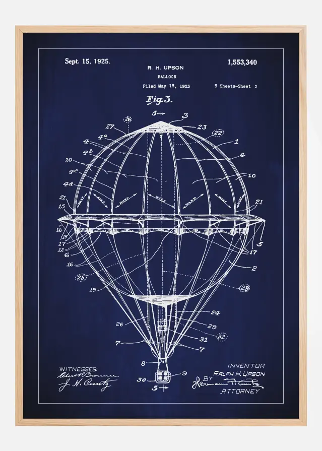 Schiță - Balon cu aer cald - Albastru Poster