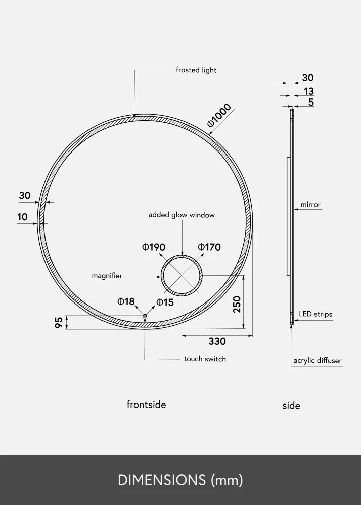 KAILA Oglindă Circular Magnifying LED 100 cm Ø