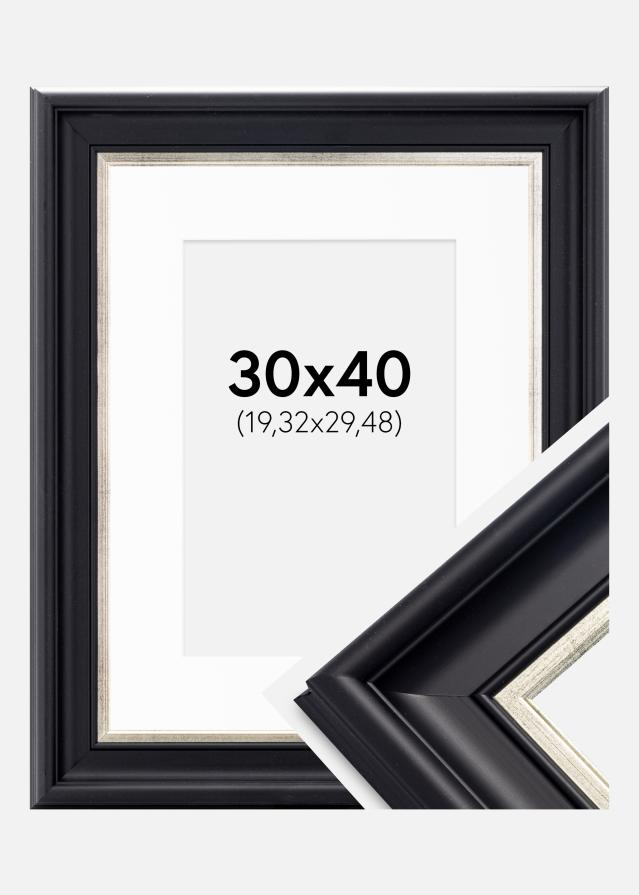 Ramă Dalarna Negru-Argintiu 30x40 cm - Paspartu Alb 8x12 inches